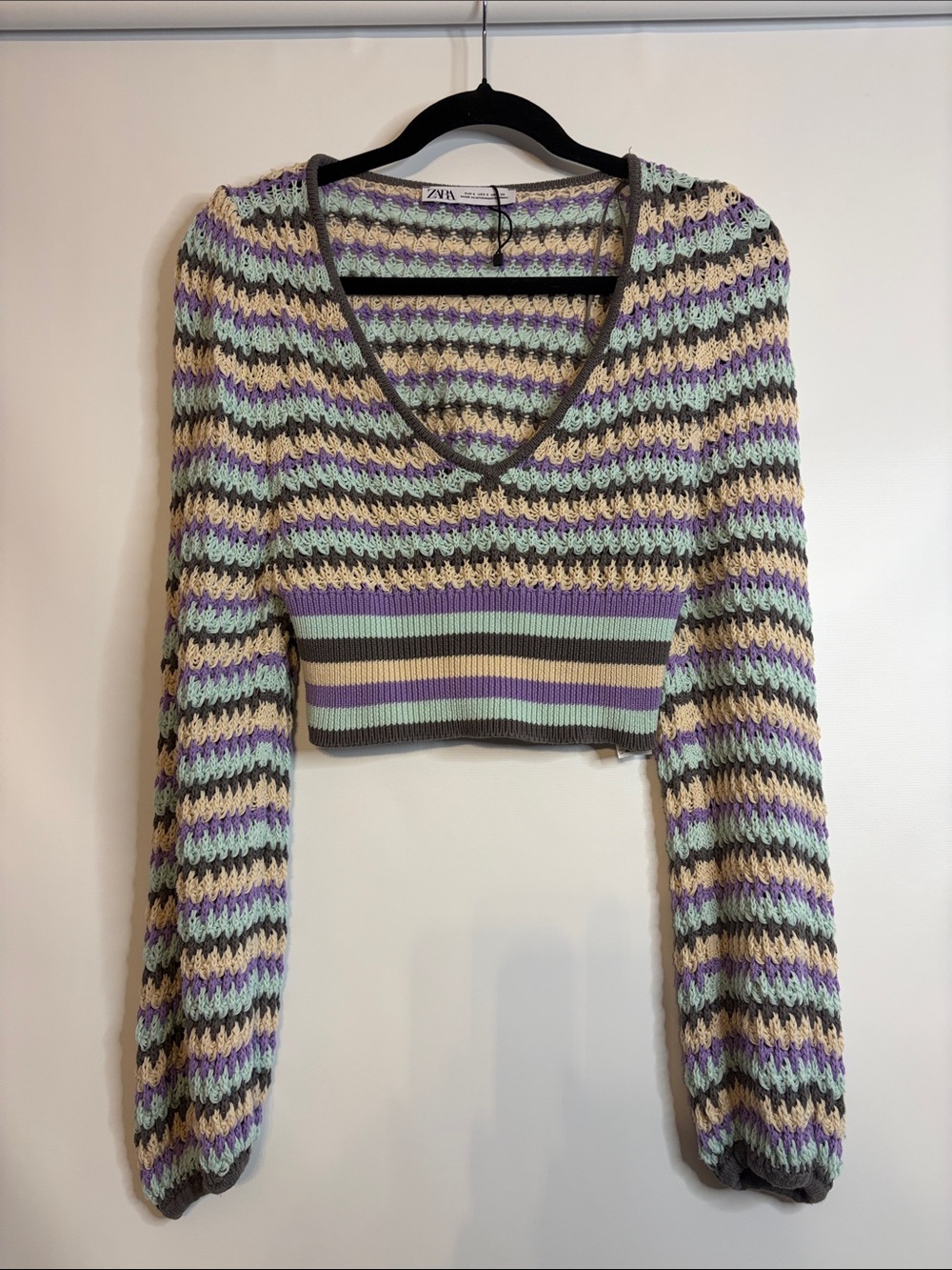 Zara Crochet Knit Cropped Sweater Balloon Sleeve Pastel Stripe Size S